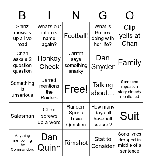 PRL Bingo Card