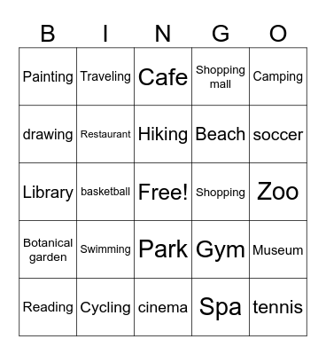 Activities and places Bingo Card