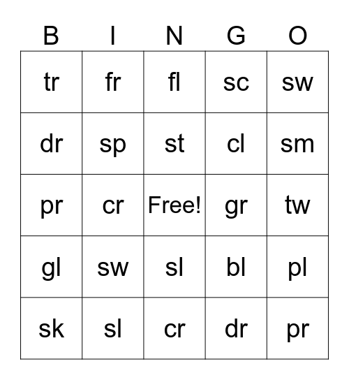 Beginning Blends Bingo Card