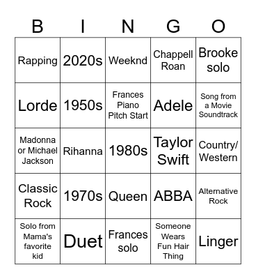 Acappellooza 2025 Bingo Card