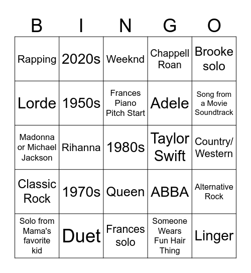 Acappellooza 2025 Bingo Card