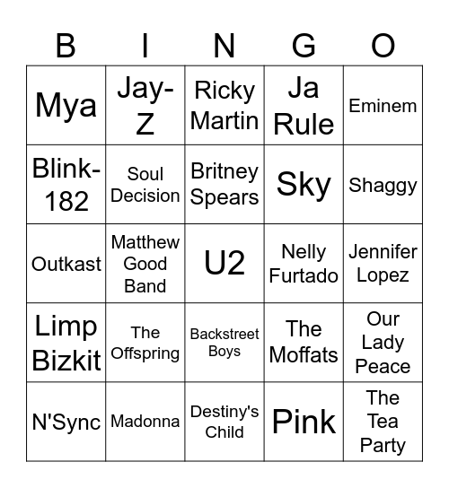 Much Music 2001 Bingo Card