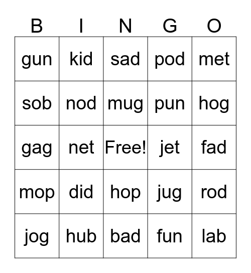 Short Vowel Bingo Card