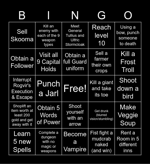 Skyrim Randomizer Bingo Card