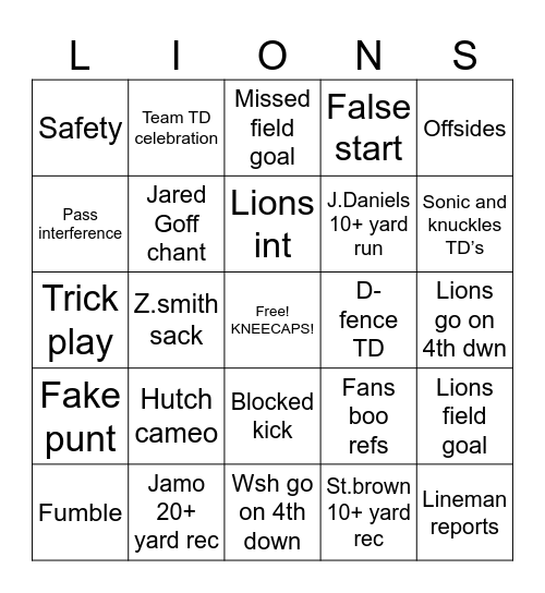 Detroit lions nfc Bingo Card