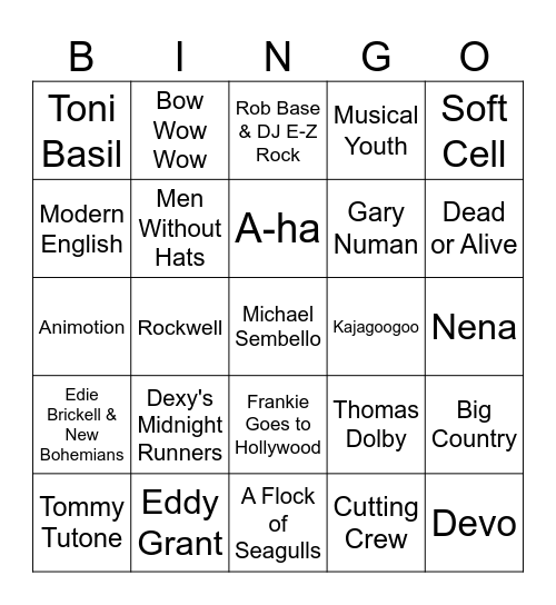 1980s 1 hit wonders Bingo Card