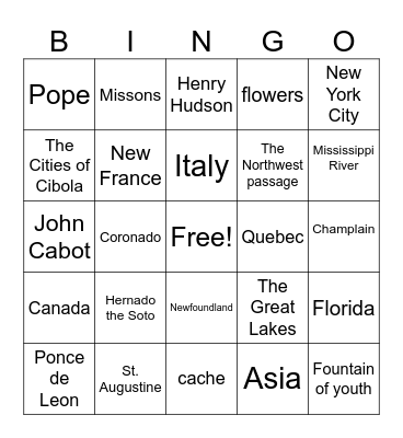 Explorers Bingo Card