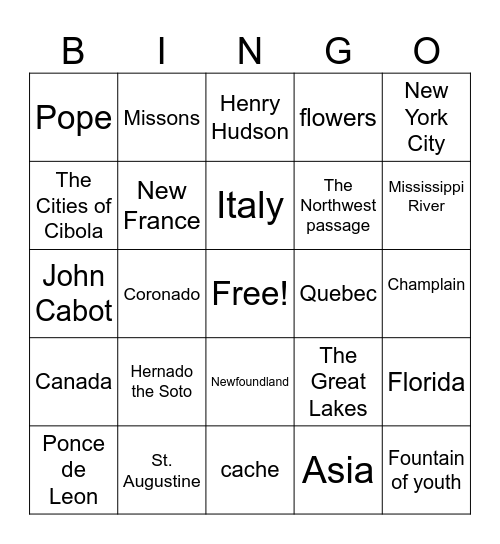 Explorers Bingo Card
