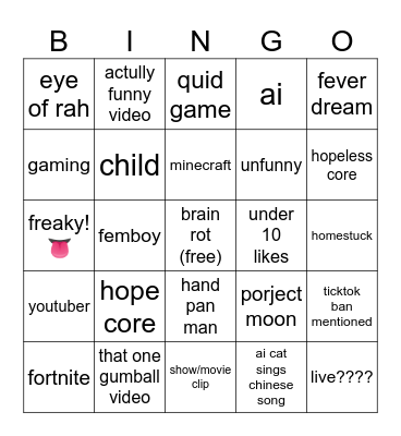 Tik Tok Bingo Card