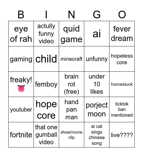 Tik Tok Bingo Card