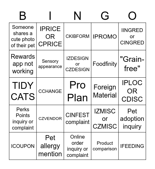 Purina Social Media Bingo Card