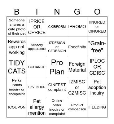 Purina Social Media Bingo Card