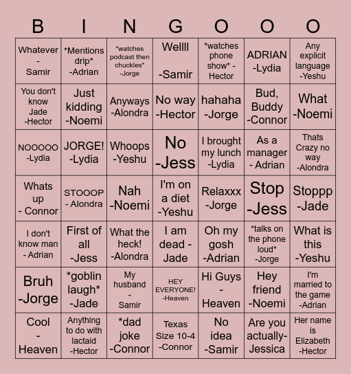 Bullpen Blackout Bingo Card