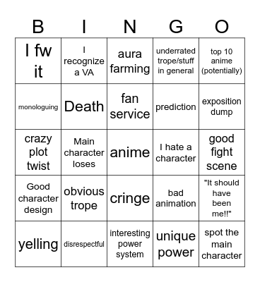 Watching anime bingo Card