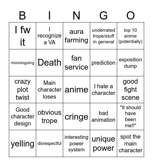 Watching anime bingo Card