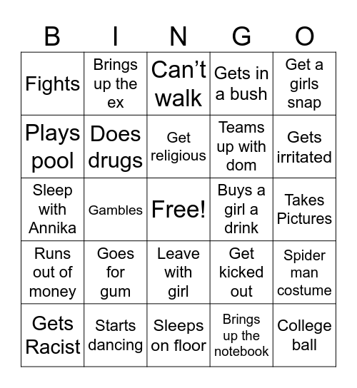 Daltons night out Bingo Card