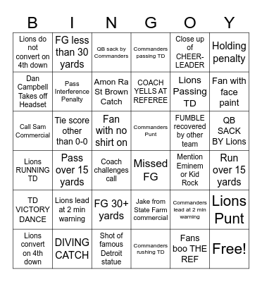 Lions/Commander Bingo Card
