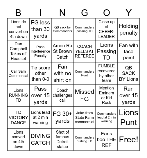 Lions/Commander Bingo Card