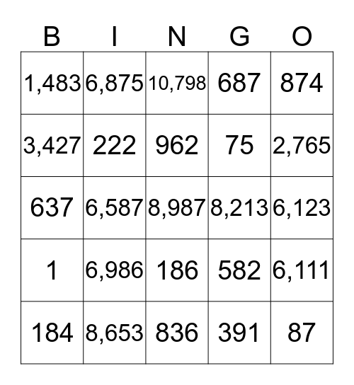 Numbers Bingo Card