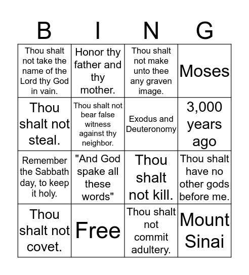 Ten Commandment Bingo Card