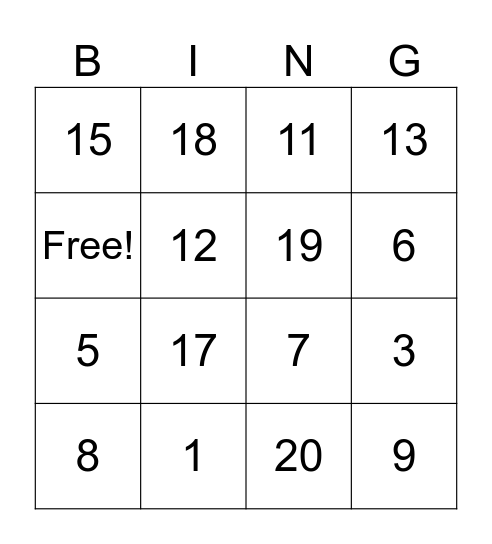 NUMBER BINGO Card