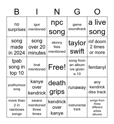 top albums bingo Card