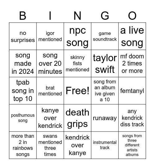 top albums bingo Card