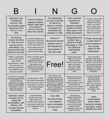 The Depths of the Great Depression Bingo Card