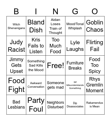 Dinner Party Bingo Card