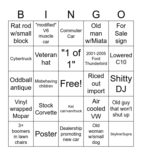 Car show bingo Card