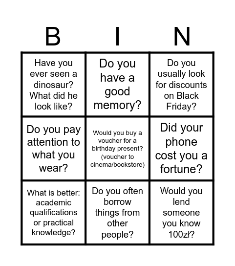 Chapter 5: Revision Bingo Card