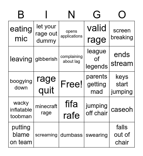 gamer rage bingo Card
