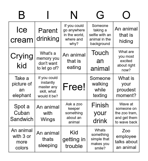 Zoo Bingo Card