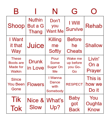 Top Karaoke Songs! Bingo Card