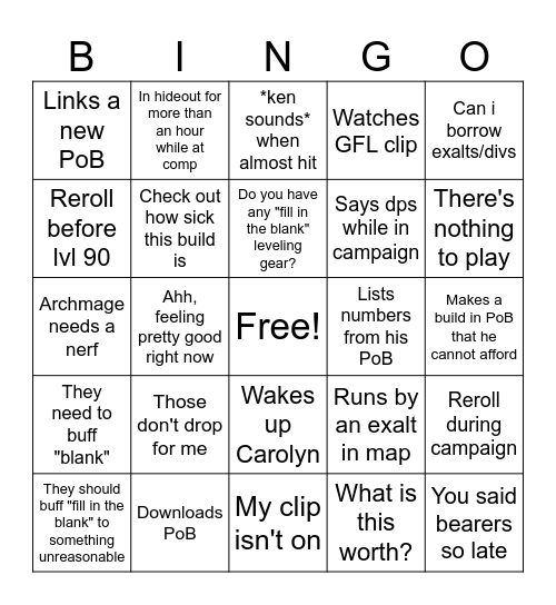Ken PoE 2 Bingo Card