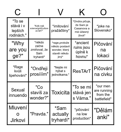 Civ with da boyz Bingo Card