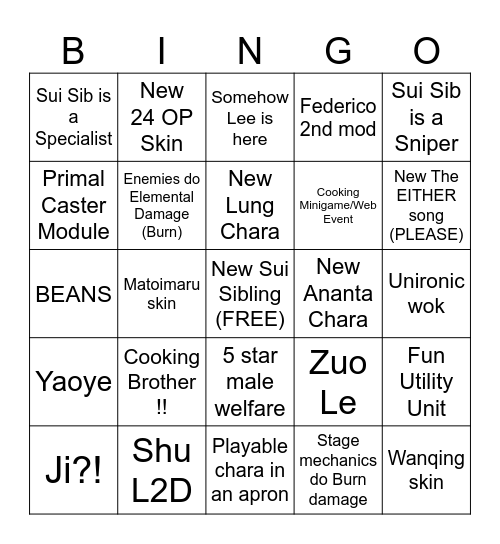 Arknights CNY LIVESTREAM BINGO Card