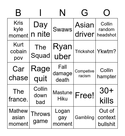 Fortnite bullshit Bingo Card