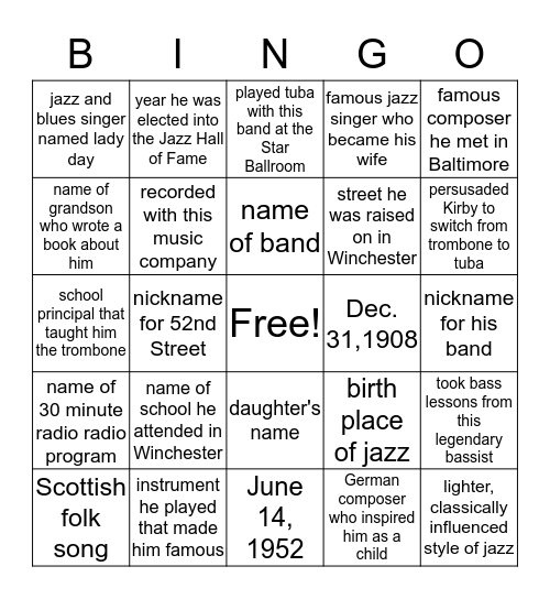 John Kirby Bingo Card