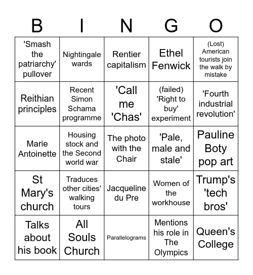 Marylebone guided walk Bingo Card