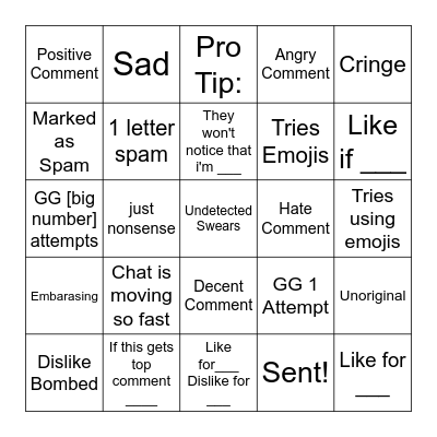 Geometry Dash Comments Bingo Card