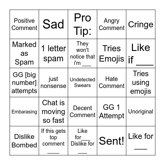 Geometry Dash Comments Bingo Card