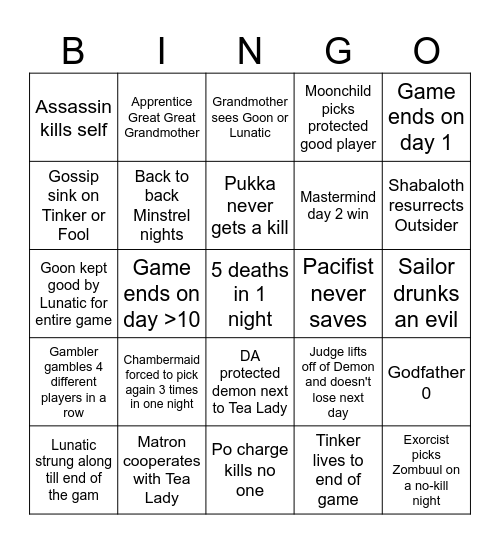 Bad Moon Rising Bingo Card