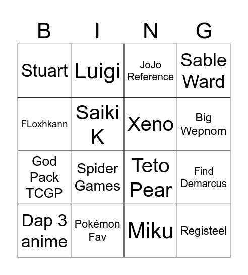 Luna Megacon Bingo Card
