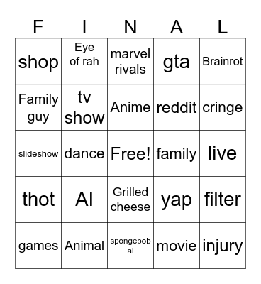 Final tiktok bingo Card