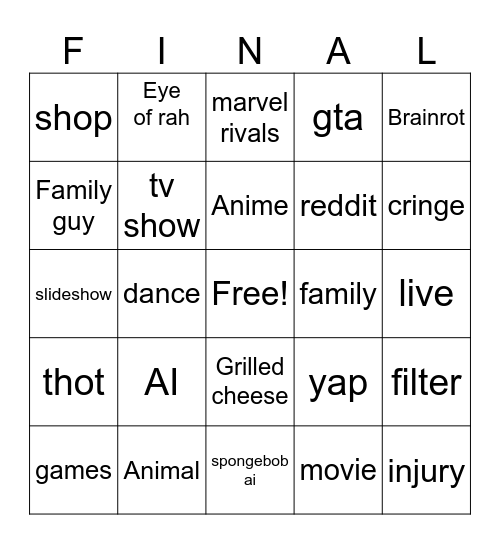 Final tiktok bingo Card