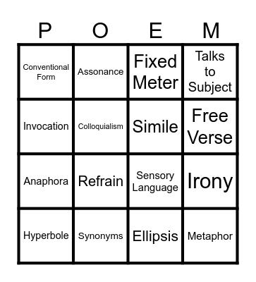 Poetry Bingo Card Bingo Card