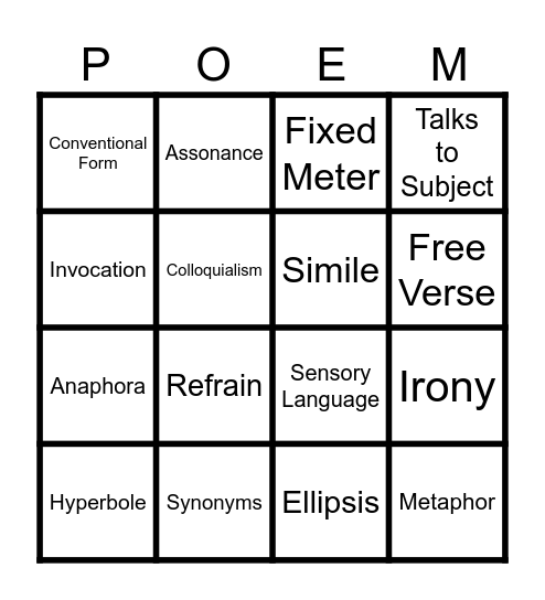 Poetry Bingo Card Bingo Card