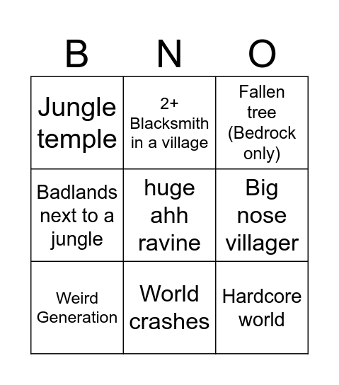 Minecraft Worlds Bingo Card