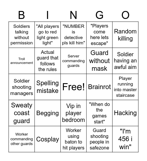 Squid Game Infinity Roleplay bingo Card